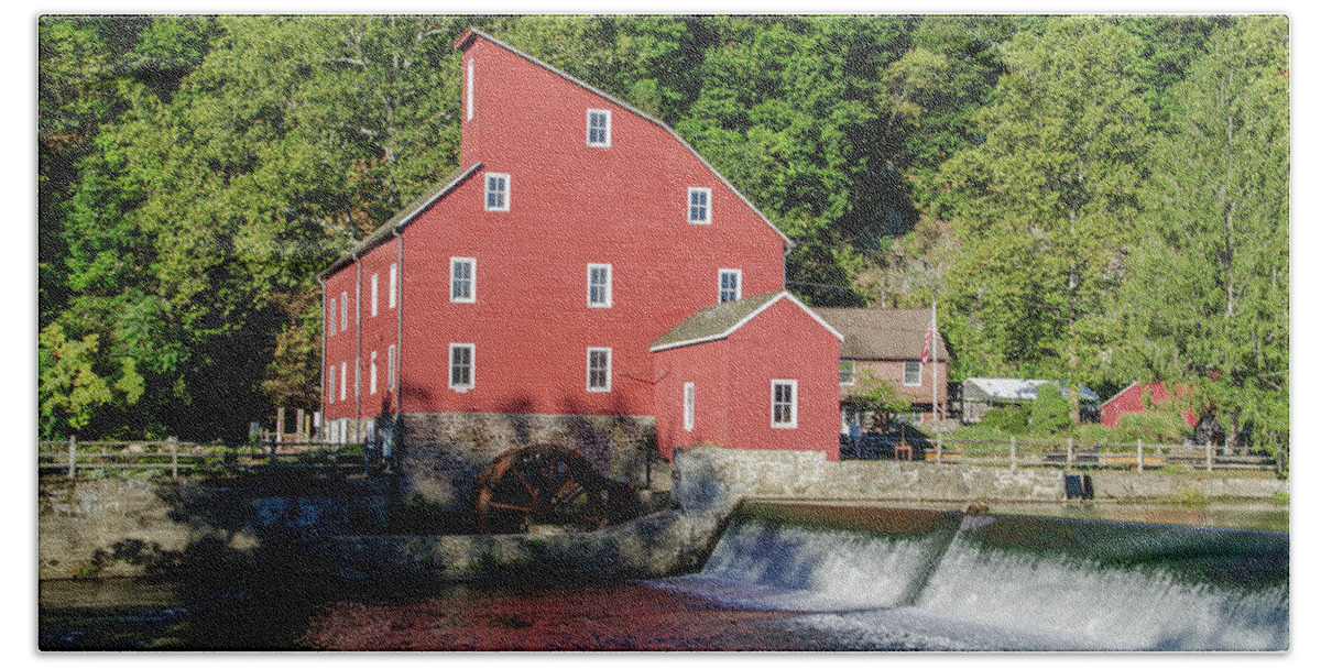 Rariton Beach Towel featuring the photograph Rariton River and the Red Mill - Clinton New Jersey by Bill Cannon