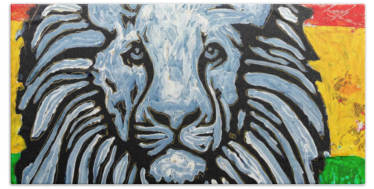Lion Rastafari Beach Sheet featuring the painting Rastafari Lion by Neal Barbosa