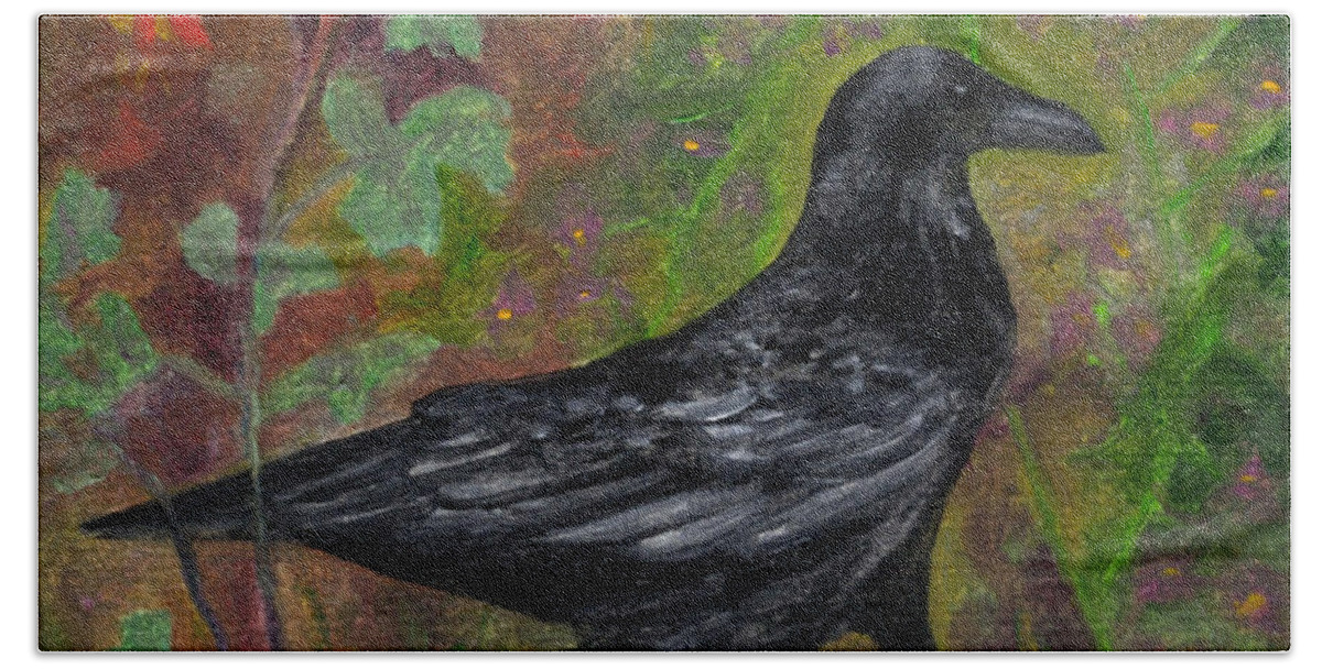 Birds Beach Towel featuring the painting Raven in Columbine by FT McKinstry