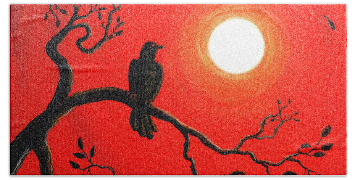Crow Beach Towel featuring the painting Raven in Red by Laura Iverson