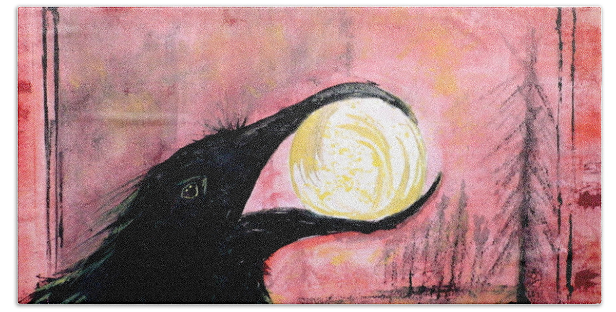 Raven Beach Towel featuring the painting Raven Steals the Sun by 'REA' Gallery