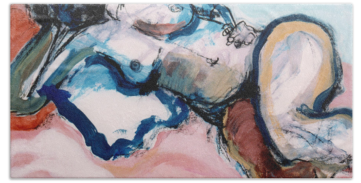 Mixed-media Beach Towel featuring the painting Reclining Multi-Coloured Gestural Nude by Kerryn Madsen-Pietsch