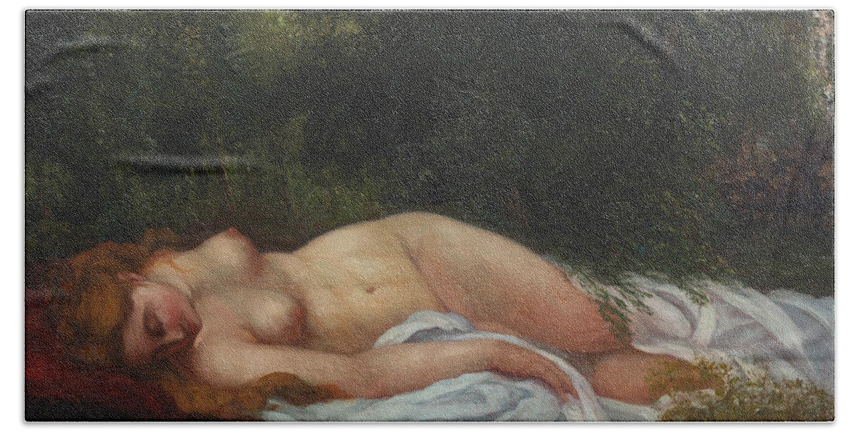 Gustave Courbet Beach Towel featuring the painting Reclining Nude by Gustave Courbet