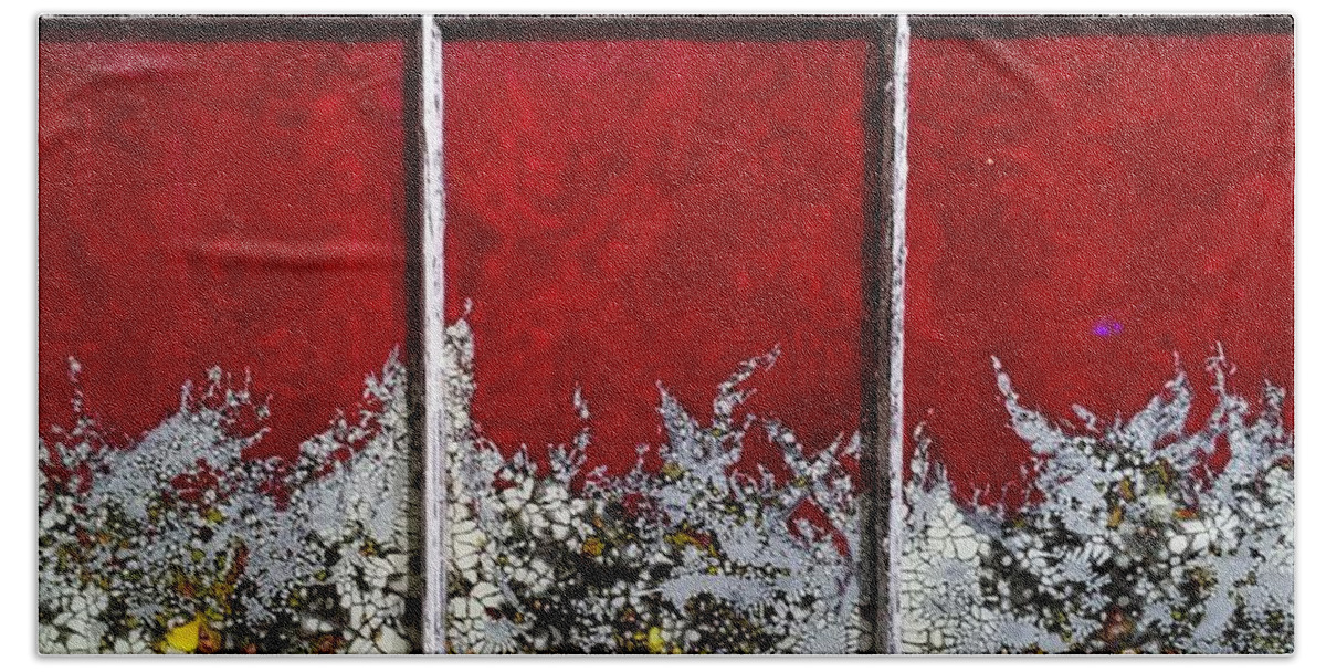 Red Beach Towel featuring the mixed media Red and White Widow # 2 by Christopher Schranck