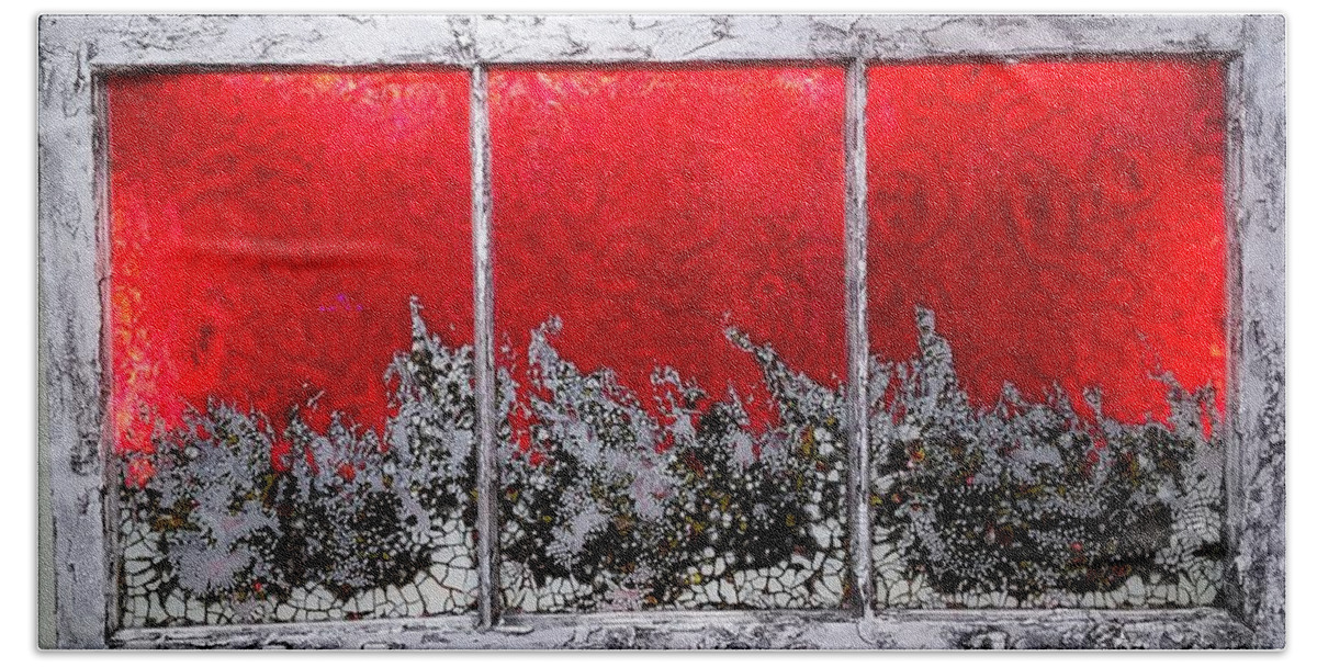 Old Window Beach Sheet featuring the mixed media Red and White Window # 1 by Christopher Schranck