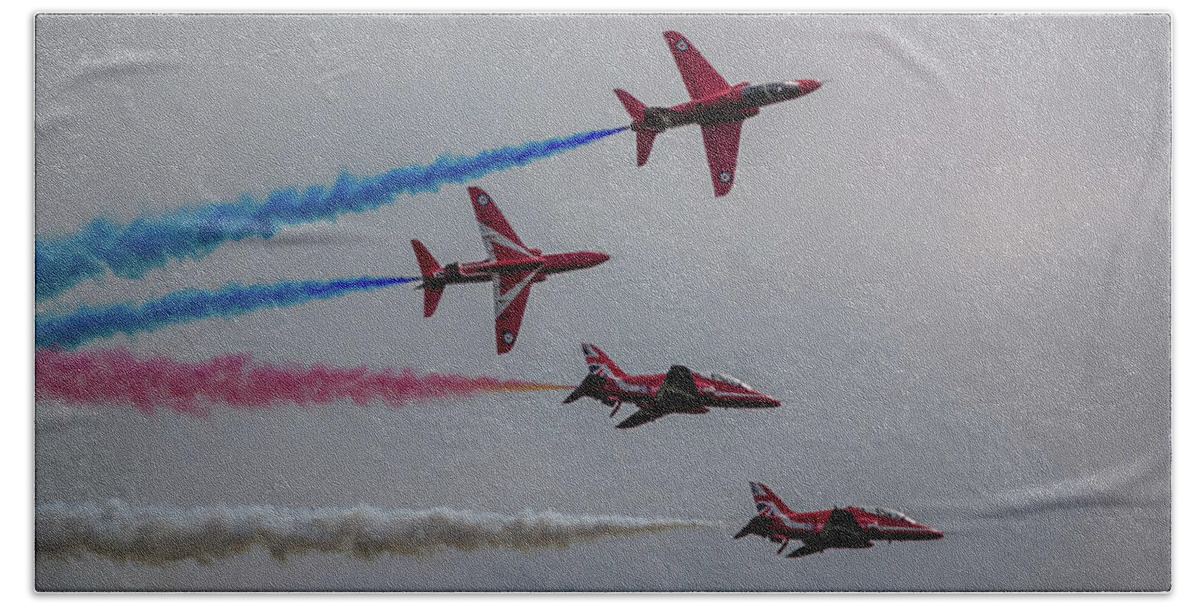 Red Arrows Beach Sheet featuring the photograph Red Arrows Break Off - Teesside Airshow 2016 by Scott Lyons