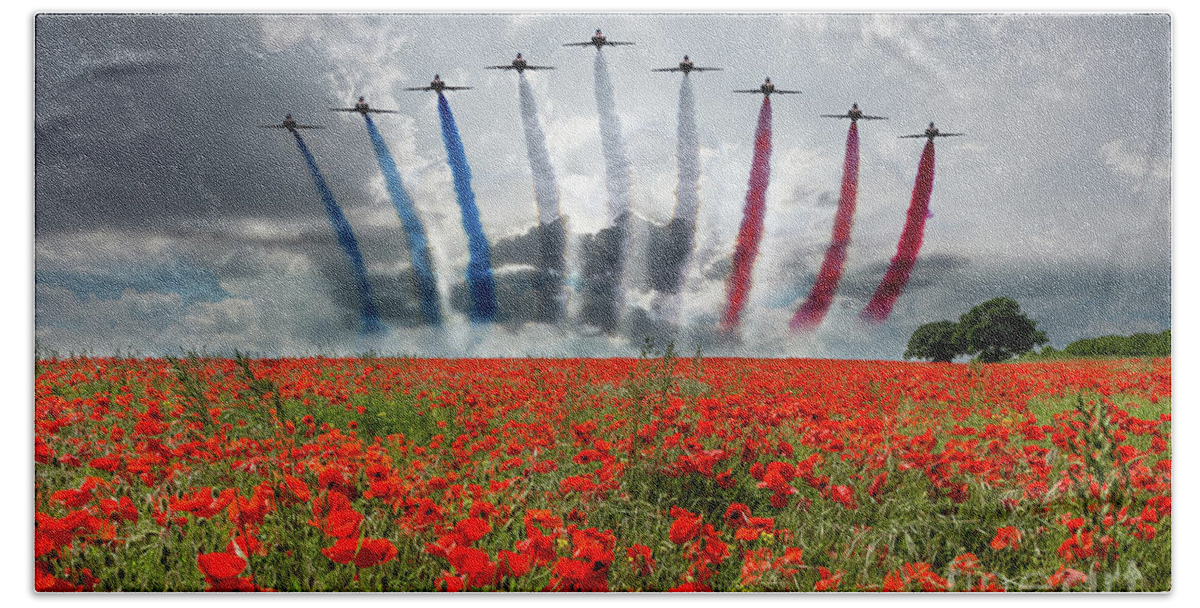 Red Arrows Beach Towel featuring the digital art Red Arrows Poppy Field by Airpower Art