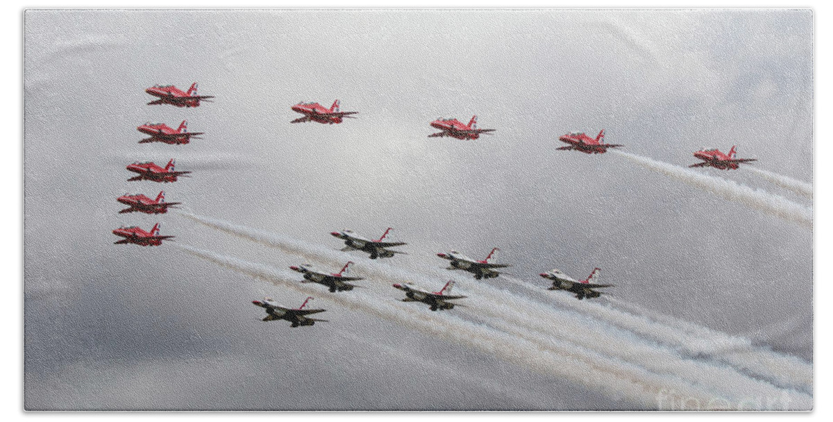 Red Arrows Beach Towel featuring the digital art red Arrows with The Thunderbirds by Airpower Art