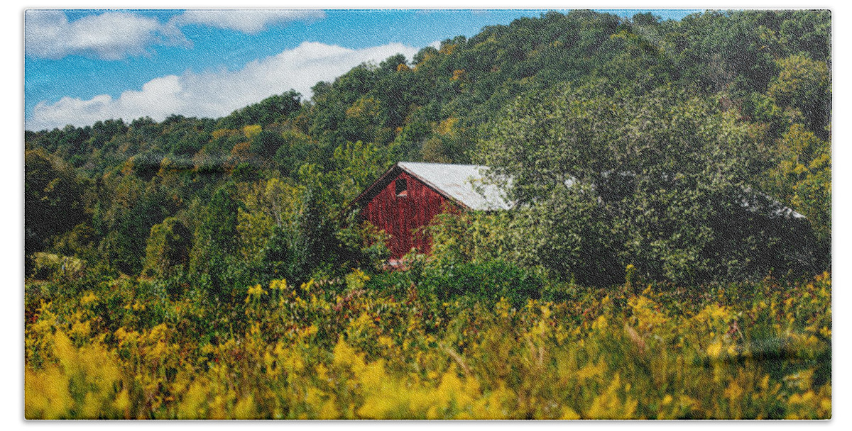 Barn Beach Towel featuring the photograph Red Barn In Early Autumn by Shane Holsclaw