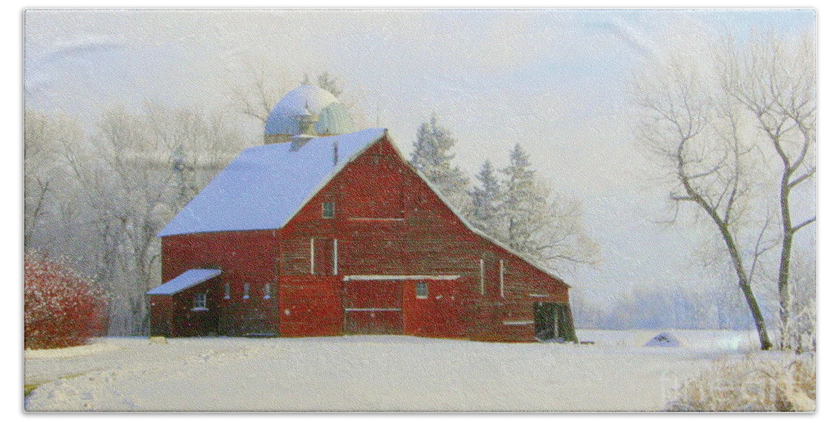 Red Barn Beach Towel featuring the photograph Red Barn in the Snow by Julie Lueders 