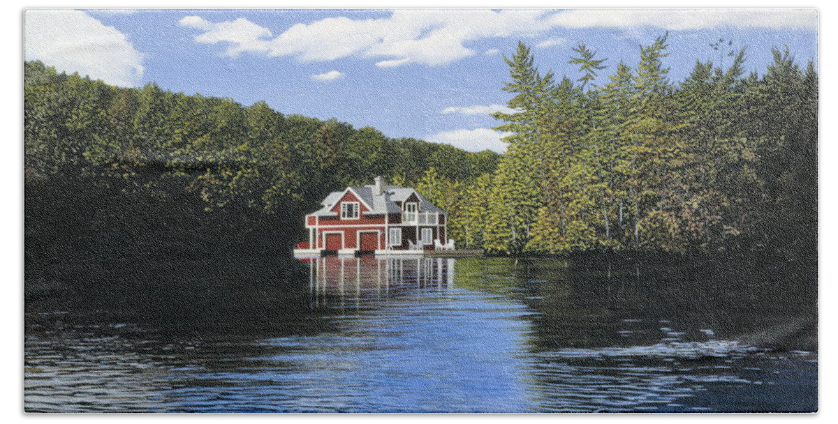 Landscapes Beach Towel featuring the painting Red Boathouse by Kenneth M Kirsch
