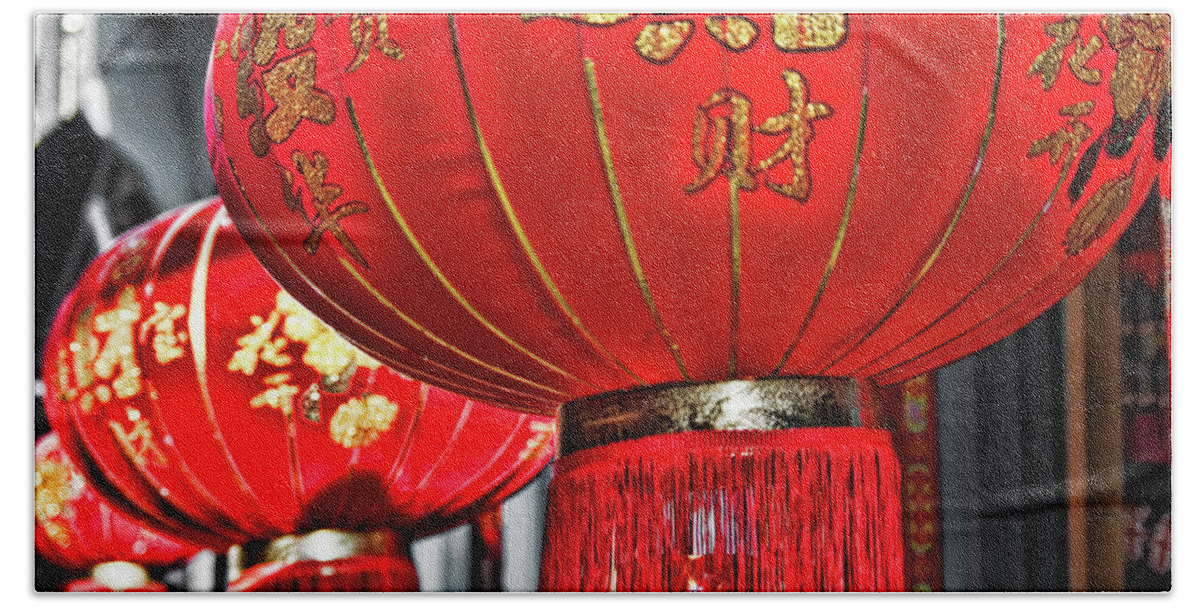 Red Chinese Hanging Lanterns Beach Sheet featuring the photograph Red Chinese Lanterns by Sharon Popek