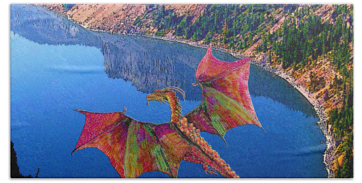 Dragon Beach Towel featuring the mixed media Red Crystal Crater Lake Dragon by Michele Avanti