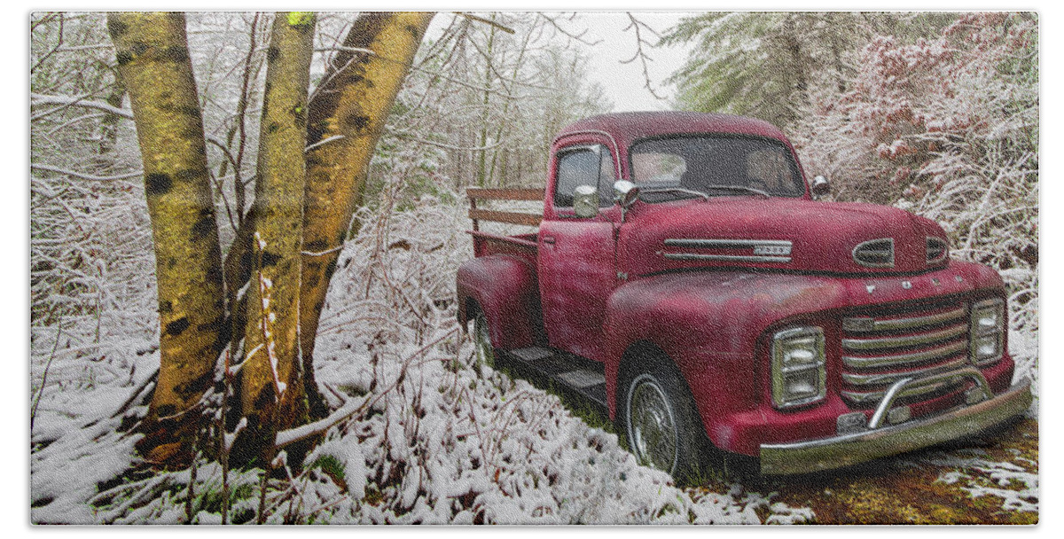 Truck Beach Towel featuring the photograph Red Ford Truck in the Snow by Debra and Dave Vanderlaan