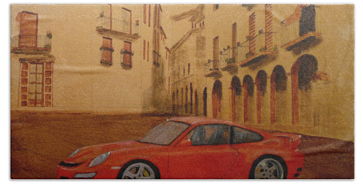 Car Beach Towel featuring the painting Red GT3 Porsche by Richard Le Page