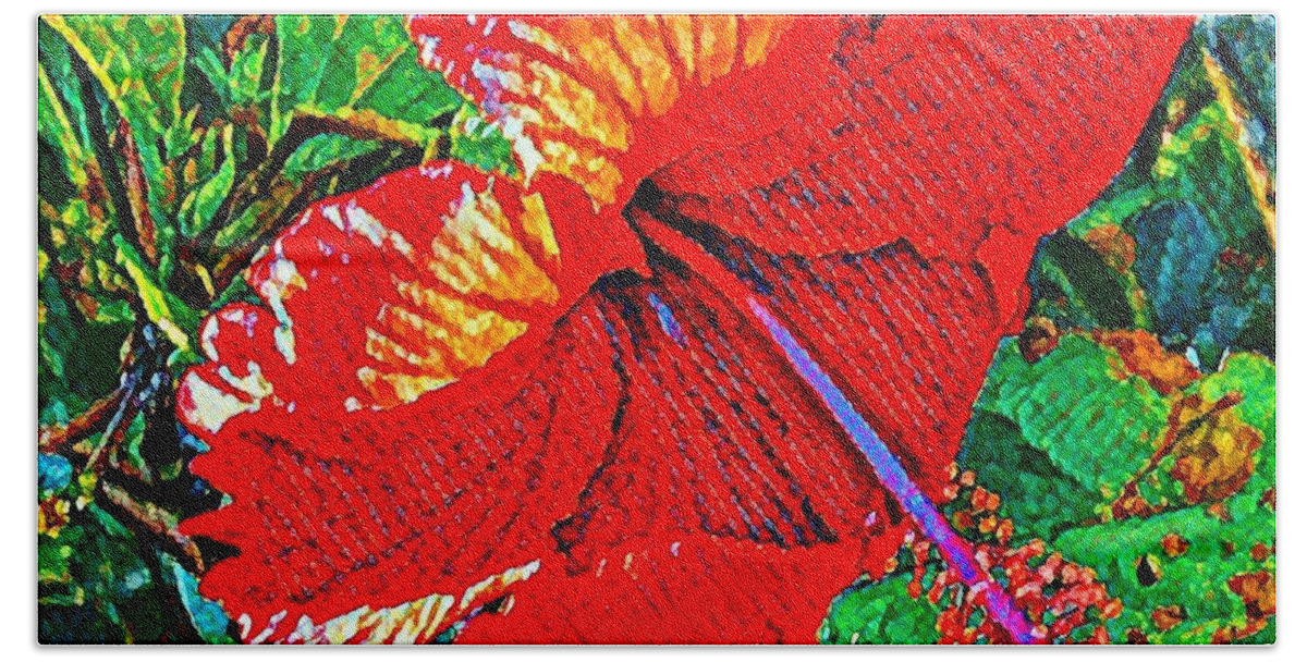 #flowersofaloha #redhibiscus #red #hibiscus #aloha #hawaii Beach Towel featuring the photograph Red Hibiscus Aslant by Joalene Young