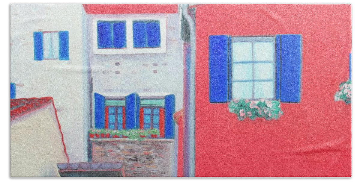 Burano Beach Towel featuring the painting Red House, Burano, Venice by Jan Matson