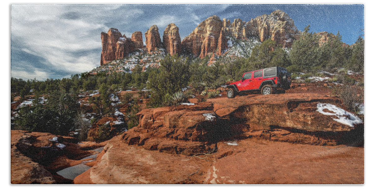 Red Jeep Beach Sheet featuring the photograph Red Jeep on the Rocks by Rick Strobaugh