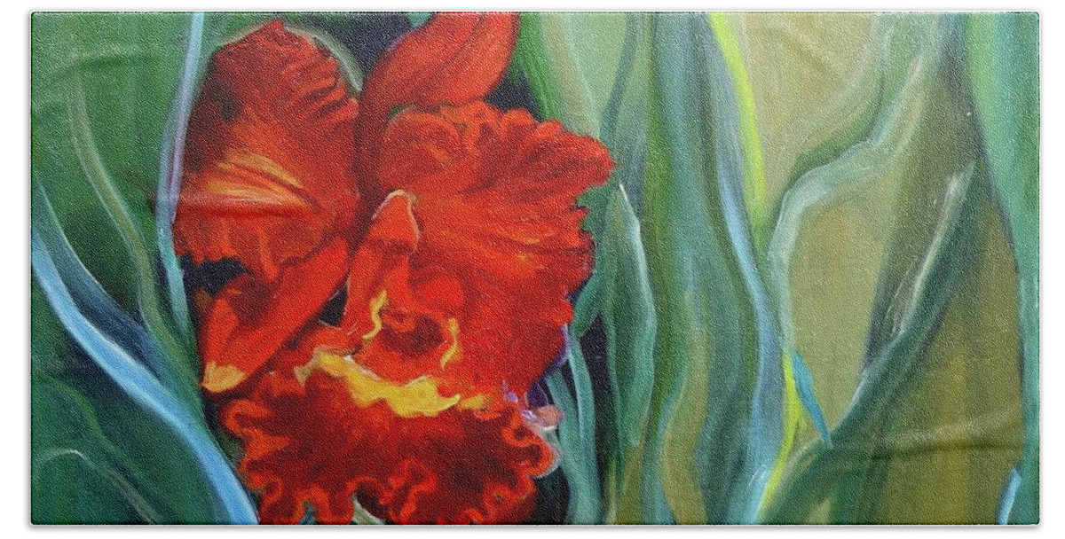 Red Orchid Beach Sheet featuring the painting Red Jungle Orchid by Jenny Lee