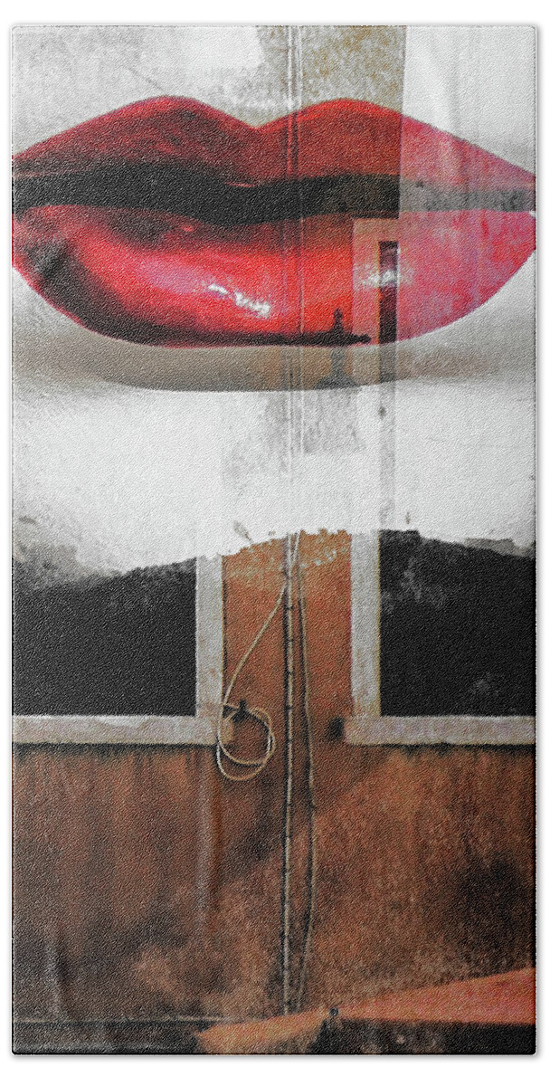Lips Beach Towel featuring the photograph Red lips and old windows by Gabi Hampe