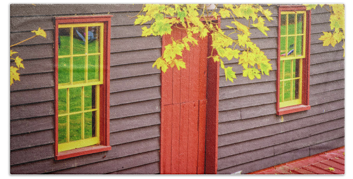 Landscape Beach Towel featuring the photograph Red Mill Door in Fall by Joe Shrader