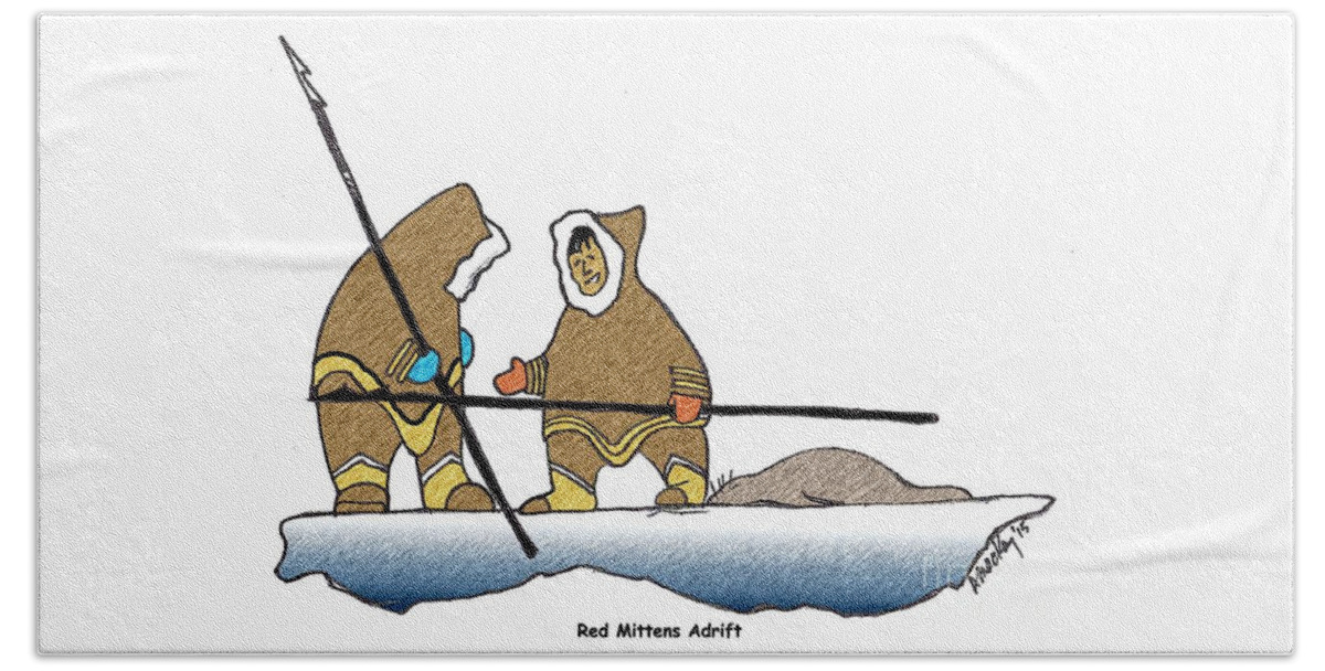 Inuit Beach Sheet featuring the drawing Red Mittens Adrift by Art MacKay