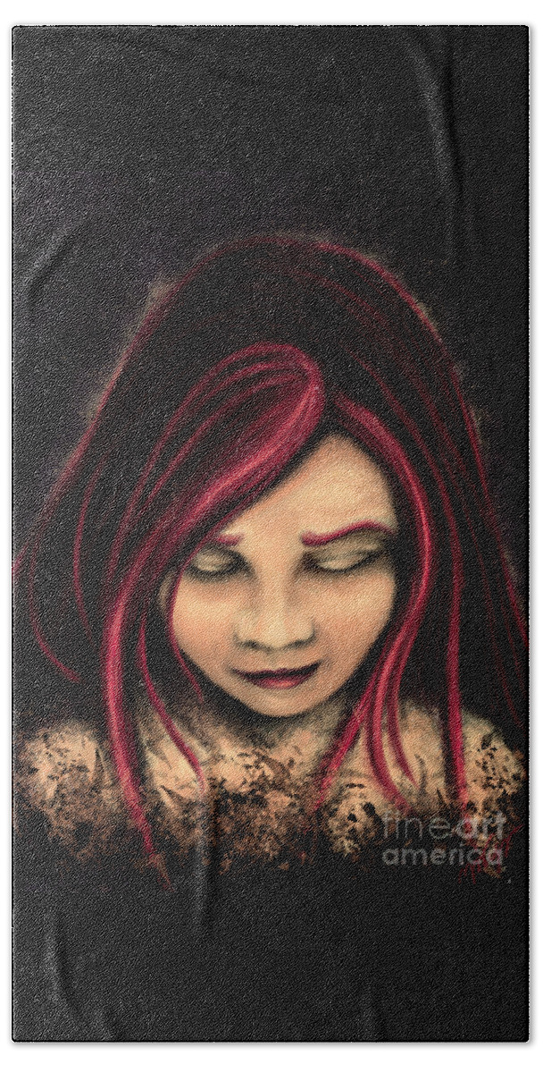 Girl Beach Towel featuring the painting Red hair girl portrait, whimsical gothic style girl by Nadia CHEVREL