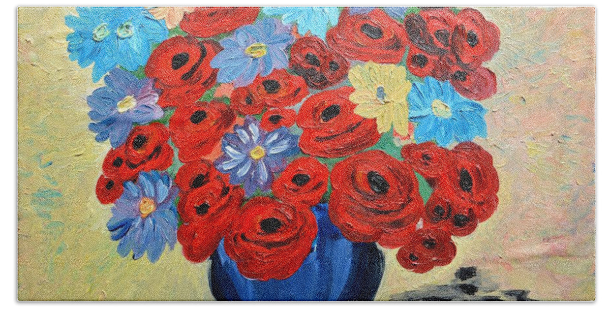 Poppies Beach Towel featuring the painting Red Poppies and All Kinds of Daisies by Ramona Matei