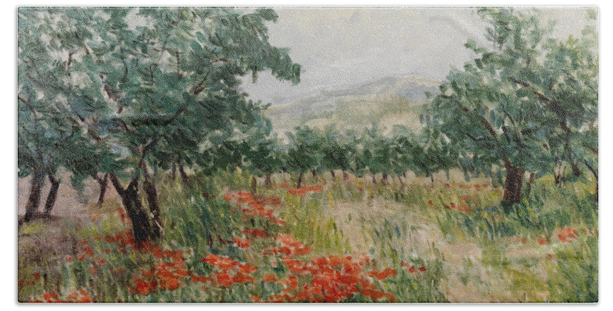Olive Trees Beach Towel featuring the painting Red Poppies in the Olive Garden by Gonul Engin YILMAZ