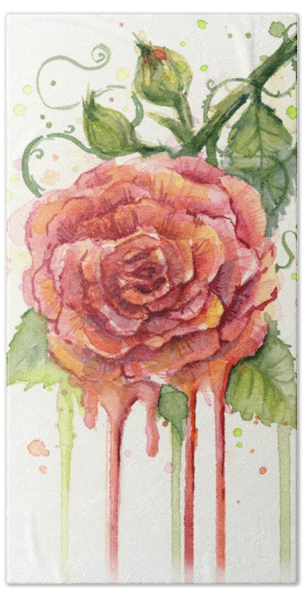 Rose Beach Towel featuring the painting Red Rose Dripping Watercolor by Olga Shvartsur