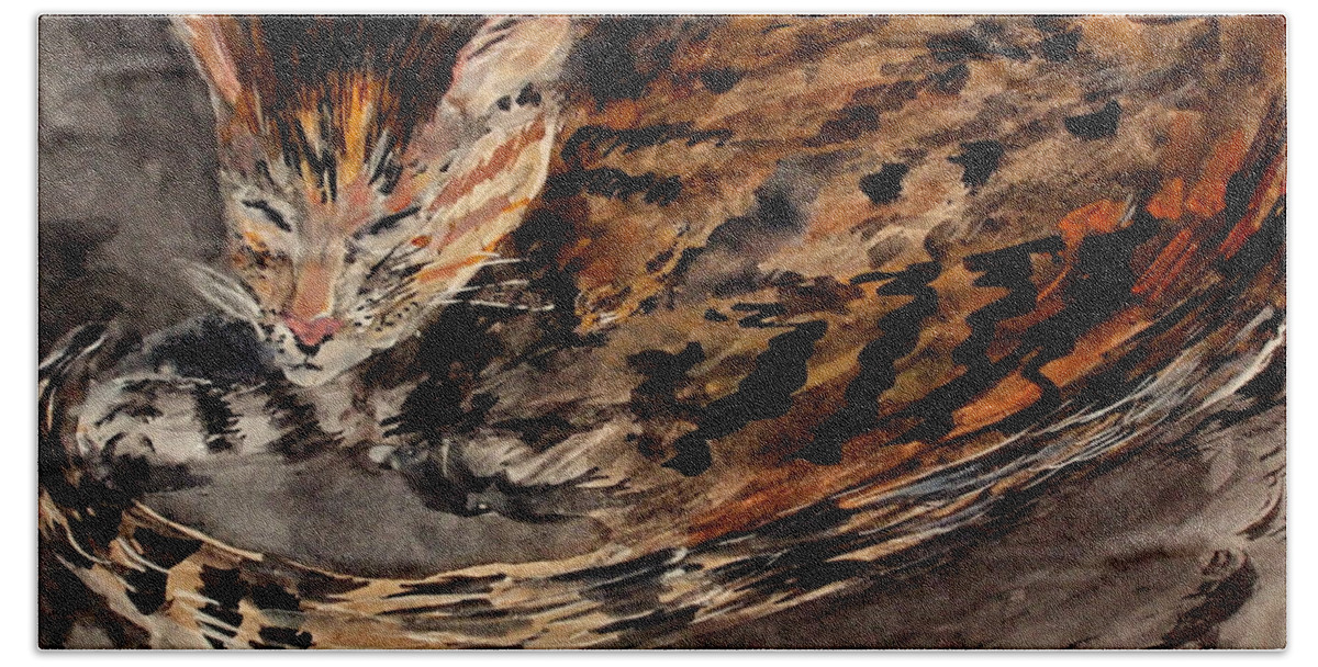 Watercolor And Gouache Painting Of A Cat Beach Towel featuring the painting Red Spot Tabby by Nancy Kane Chapman