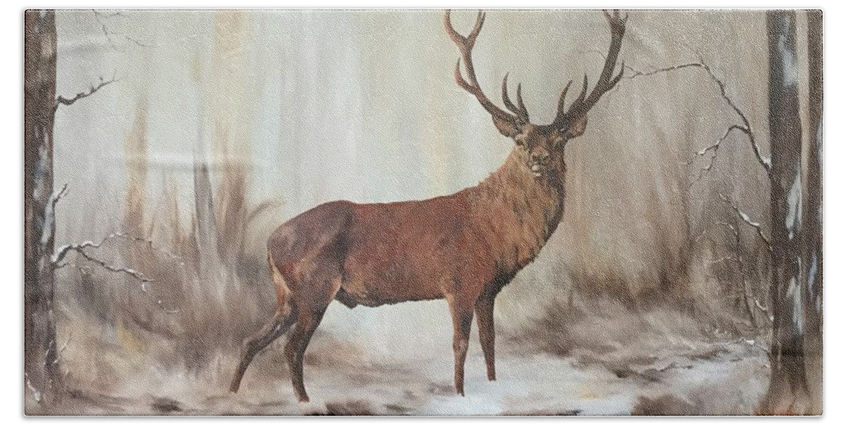 Red Stag Beach Sheet featuring the painting Red Stag by Jean Walker