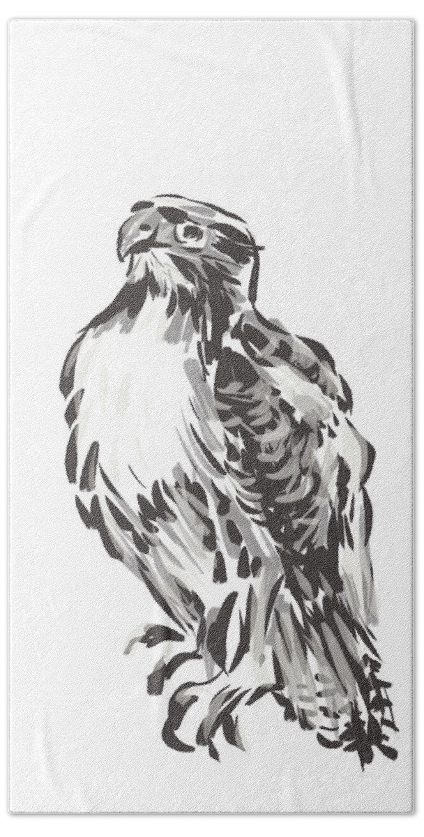 Hawk Beach Towel featuring the drawing Red Tailed Hawk in Neutral Grey by Thomas Hamm