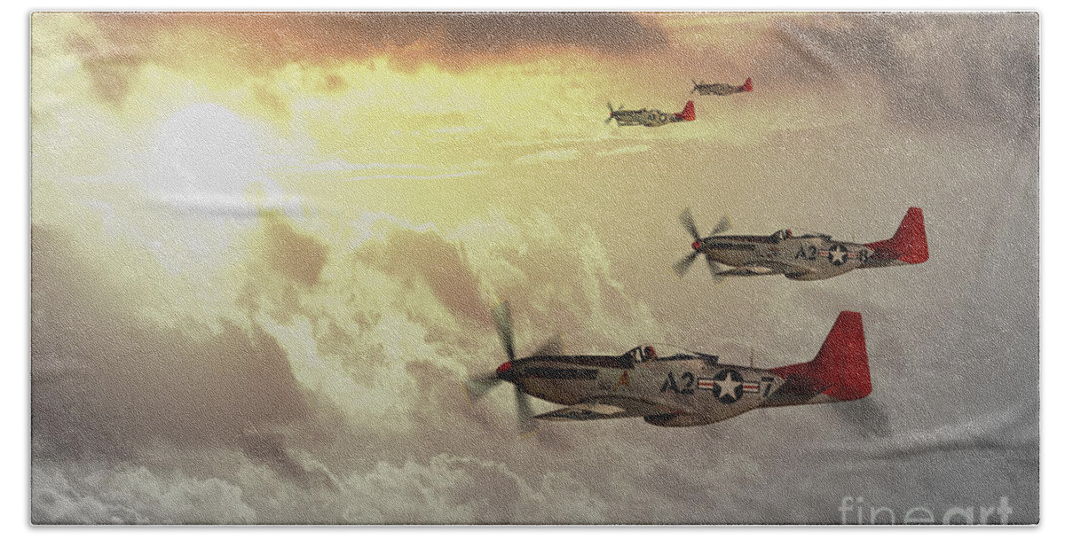 P51 Beach Towel featuring the digital art Red Tails by Airpower Art