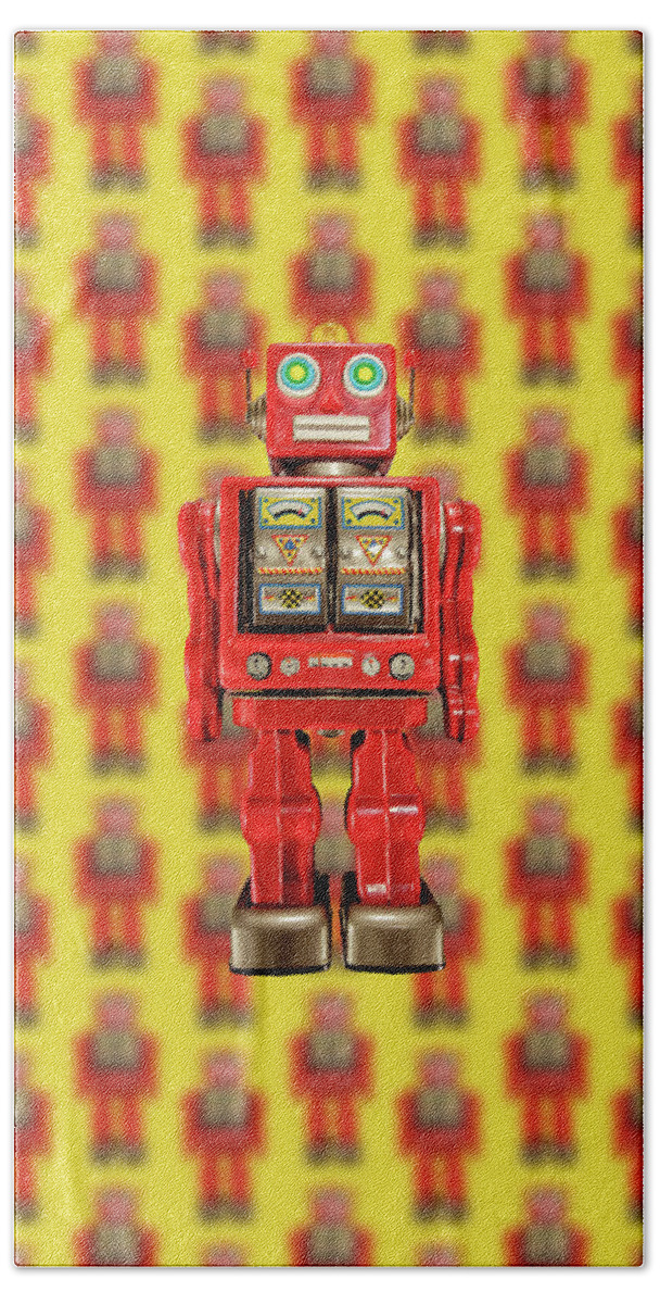 Classic Beach Sheet featuring the photograph Red Tin Toy Robot Pattern by YoPedro