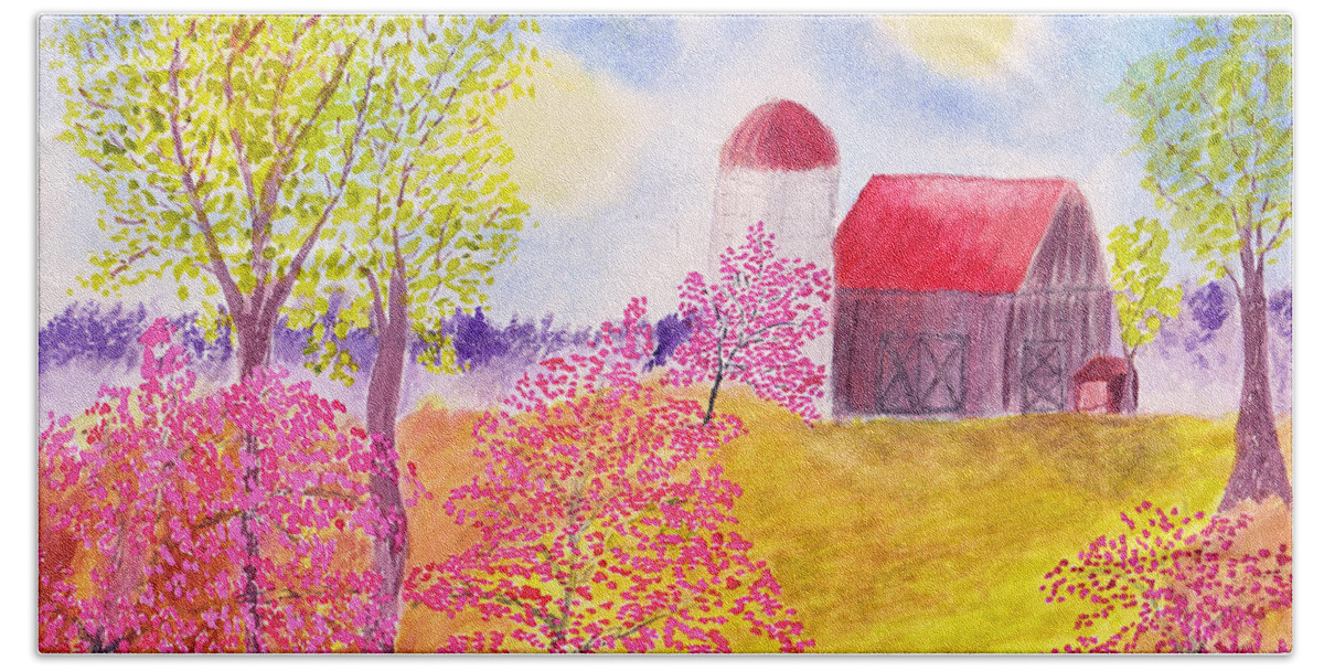 Watercolor Beach Towel featuring the painting Redbud Trees in Spring Farm Scene by Conni Schaftenaar