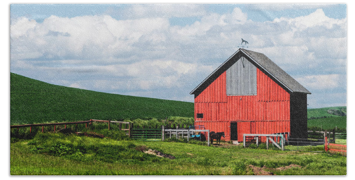 Agriculture Beach Towel featuring the photograph Reddest barn in Palouse. by Usha Peddamatham