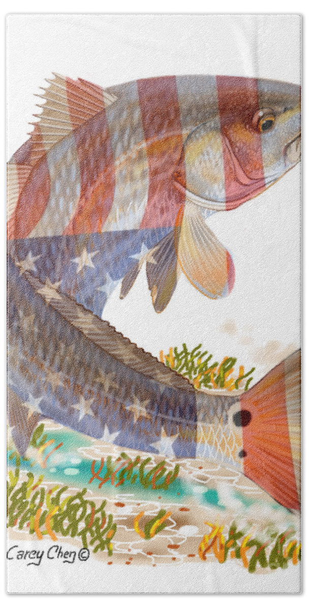 Redfish Beach Towel featuring the digital art Redfish, White and Blue by Carey Chen