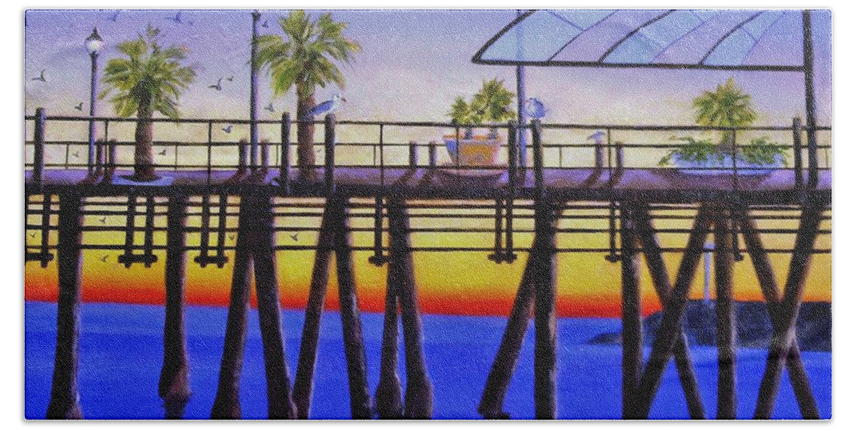 Redondo Beach Beach Towel featuring the painting Redondo Beach Pier by Jamie Frier