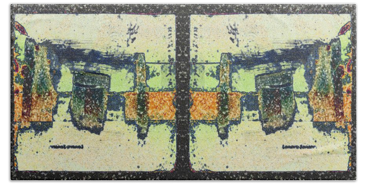 Abstract Beach Towel featuring the mixed media Reflected Maze by Lenore Senior