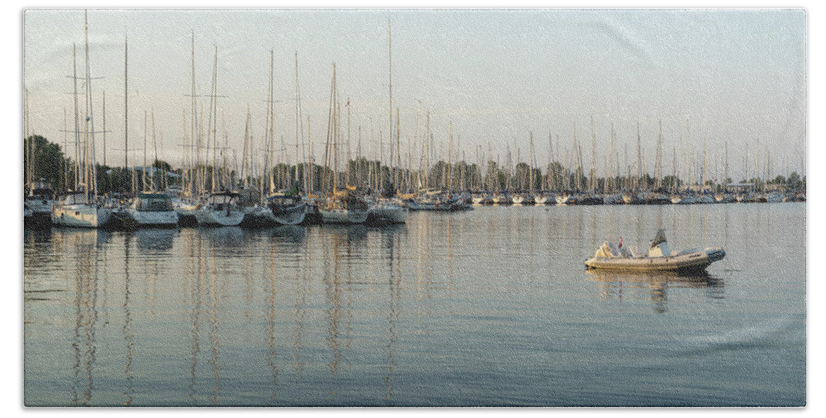 Reflecting On Yachting Beach Sheet featuring the photograph Reflecting on Yachting - Pastel Morning at the Marina by Georgia Mizuleva