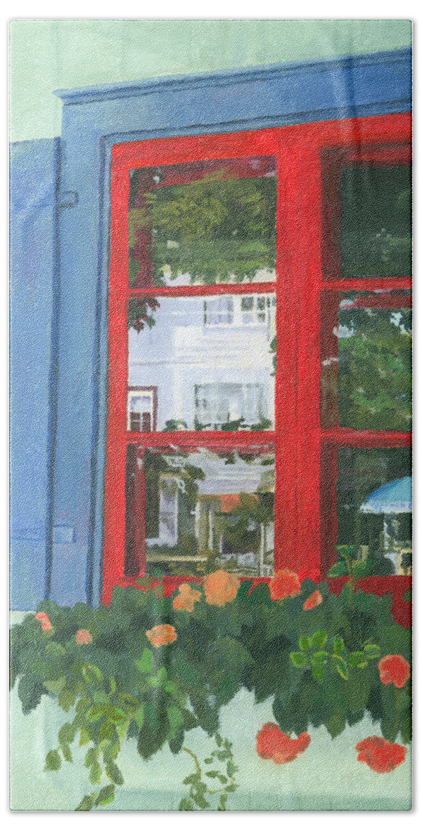 Window Beach Towel featuring the painting Reflecting Panes by Lynne Reichhart