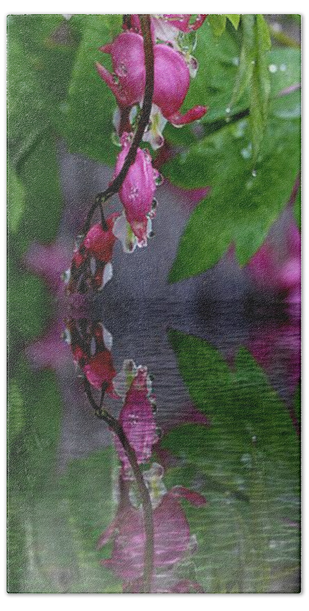 Flowers Beach Towel featuring the photograph Reflection on the water puddle by Yumi Johnson