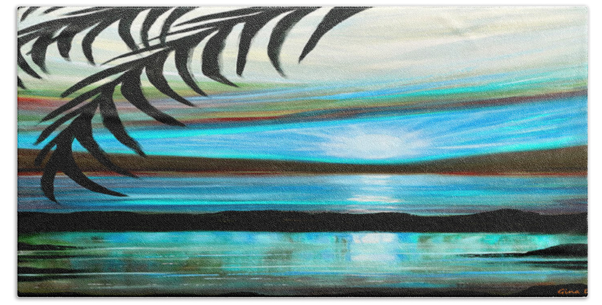 Sunset Beach Towel featuring the painting Reflections in Teal - Panoramic Sunset by Gina De Gorna