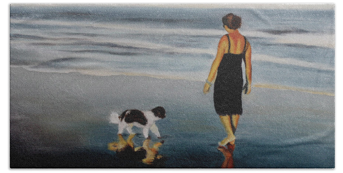 Ocean; Sunrise; Dog; Sand; Serenity; Contemplation; Companionship; Friendship; Water Beach Towel featuring the painting Reflections by Marg Wolf
