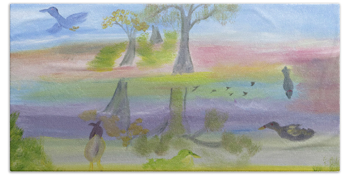 Reflections Beach Sheet featuring the painting Songs Of A Reflective Pond by Meryl Goudey