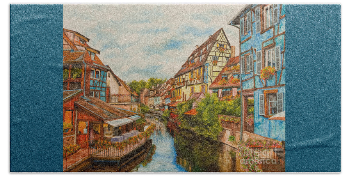 Colmar France Paris Beach Towel featuring the painting Reflections of Colmar by Charlotte Blanchard
