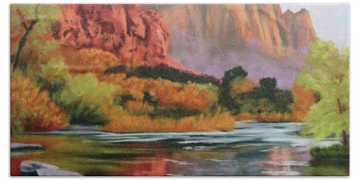 Landscape Beach Towel featuring the painting Reflections of Morning by Sandi Snead
