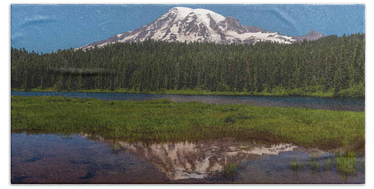 Brenda Jacobs Fine Art Beach Towel featuring the photograph Reflections of Mount Rainier by Brenda Jacobs