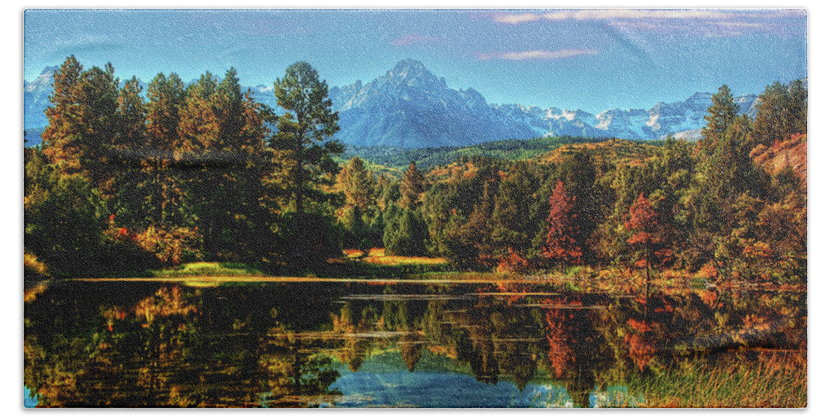 Dallas Divide Beach Towel featuring the photograph Reflections of Mt Sneffels by Ken Smith